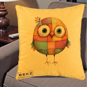 Perna Decorativa Pasare Patchwork Colorata, 40x40 cm, Galben, Husa Detasabila, Perna Inclusa, BEKZ®