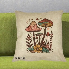 Perna Decorativa Ciuperci Boho Multicolore, 40x40 cm, Crem, Husa Detasabila, Perna Inclusa, BEKZ®