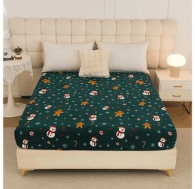 Cearsaf Cocolino microplus cu elastic SNOWMAN AND GINGERBREAD 200x200 cm verde