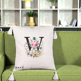 Cadou Personalizat - Perna Personalizata Monograma Florala Litera W, 40x40 cm, Bej cu Franjuri, Husa Detasabila, Perna Inclusa, BEKZ®