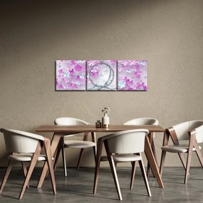 Tablouri cu flori pe trunchi argintiu - abstract (cu ceas) (90x30 cm)
