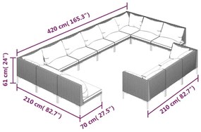 Set mobilier de gradina cu perne 13 piese gri inchis poliratan 4x colt + 9x mijloc, 1