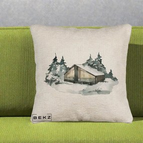 Perna Decorativa Cabana de Iarna in Padure, 40x40 cm, Bej Canapea, Husa Detasabila, Perna Inclusa, BEKZ®