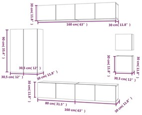 Set dulap TV, 8 piese, alb extralucios, lemn prelucrat 8, Alb foarte lucios, 30.5 x 30 x 90 cm