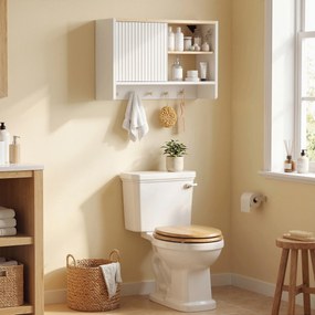 HOMCOM Dulap de perete pentru baie, corp de depozitare pentru baie cu ușă, polițe deschise și 5 cârlige | Aosom Romania