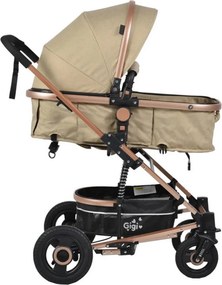 Carucior nou nascuti 2 in 1 NOVOKIDS™ GIGI PRO , Cu geanta bebe inclusa, Roti din cauciuc plin AVE, Cadru aluminiu Gold, Maner reversibil, Spatar