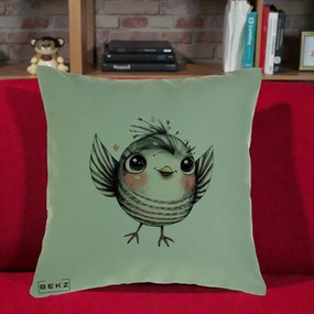 Perna Decorativa Pasare Gri cu Aripi si Inimioare, 40x40 cm, Verde, Husa Detasabila, Perna Inclusa, BEKZ®