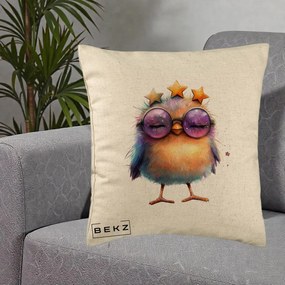 Perna Decorativa Pui Pop Star cu Ochelari Stele Violet, 40x40 cm, Bej, Husa Detasabila, Perna Inclusa, BEKZ®