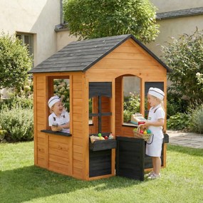 AIYAPLAY Căsuță din Lemn Copii cu Jardiniere, pentru Joacă Exterior/Interior, Vârsta 3-8, Maro | Aosom Romania