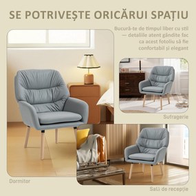 Scaun Decorativ Modern HOMCOM, Fotoliu Tapitat cu Leathaire cu Dublu Strat de Umplutură, Cadru de Oțel și Picioare de Lemn de Cauciuc pentru Sufragerie, Dormitor, Gri | Aosom Romania