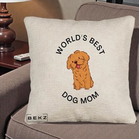 Cadou pentru Iubitorii de Caini - Perna Personalizata World's Best Dog Mom, 40x40 cm, Bej Canapea, Husa Detasabila, Perna Inclusa, BEKZ®