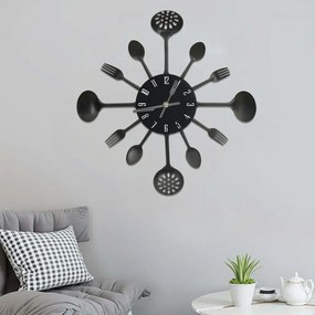 vidaXL Ceas perete cu model lingură/furculiță, negru, 40 cm, aluminiu