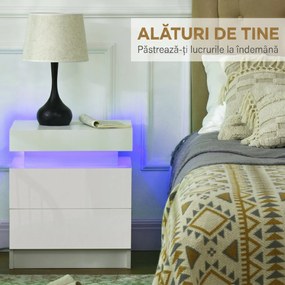 Noptiera alba HOMCOM cu lumina LED RGB, noptiera frontala lucioasa cu 2 sertare, pentru camera de zi, dormitor | Aosom RO