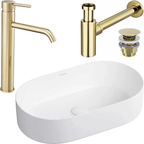 Pachet lavoar pe blat Omnires Mesa alb 53.5 cm, baterie lavoar Rea Lungo auriu si ventil lavoar Click-Clack auriu