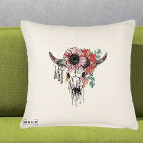 Perna Decorativa Craniu Boho Floral, 40x40 cm, Crem Reliefat, Husa Detasabila, Perna Inclusa, BEKZ®