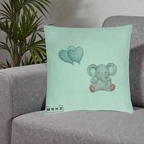 Perna Decorativa, Model Elefant si baloane in forma de inimioare, 40x40 cm, Verde Menta, Husa Detasabila, Perna Inclusa, BEKZ®