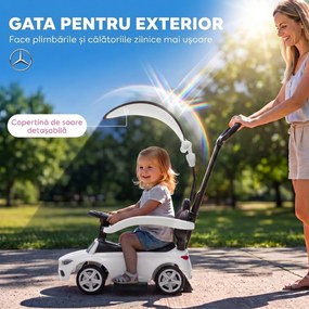 AIYAPLAY Mașinuță de Împins pentru Copii 3 în 1 cu Licență Mercedes-Benz, Mâner, Copertină, Claxon, Muzică, Alb | Aosom Romania