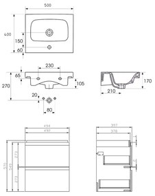 Set dulap baie suspendat 2 sertare lavoar inclus, Cersanit Moduo, 50 cm, gri Gri, 500x400 mm