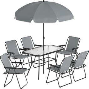 Outsunny Set de Masă de Grădină 8 Piese cu Umbrelă, Set Mobilier Grădină cu 6 Scaune Pliabile, Masă din Sticlă Temperată și Umbrelă pentru Terasă, Gri | Aosom Romania