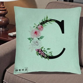 Cadou Personalizat - Perna Personalizata Monograma Florala Litera C, 40x40 cm, Verde Menta, Husa Detasabila, Perna Inclusa, BEKZ®