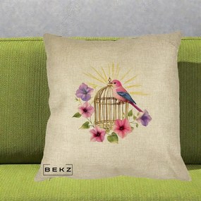 Perna Decorativa Pasare Roz pe Colivie Aurie cu Flori, 40x40 cm, Crem, Husa Detasabila, Perna Inclusa, BEKZ®