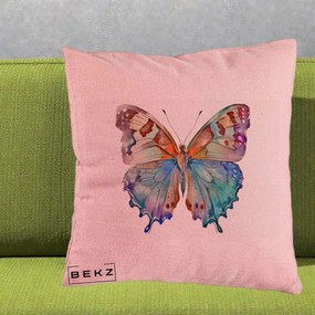 Perna Decorativa Fluture Acuarela Multicolor Portocaliu-Bleu-Mov, 40x40 cm, Roz, Husa Detasabila, Perna Inclusa, BEKZ®
