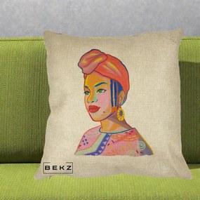 Perna Decorativa Portret Femeie Africana, 40x40 cm, Crem, Husa Detasabila, Perna Inclusa, BEKZ®