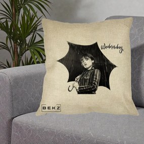 Perna Personalizata Wednesday Addams cu Umbrela Foto, 40x40 cm, Crem, Husa Detasabila, Perna Inclusa, BEKZ®