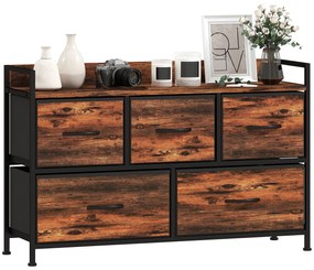 HOMCOM Comodă, mobilier de depozitare cu 5 sertare pliabile din țesătură, blat și cadru din oțel, 98 x 29 x 63 cm, maro rustic | Aosom Romania
