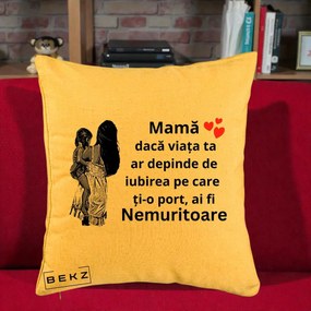 Cadou pentru Mama - Perna Personalizata Mama Nemuritoare Imbratisare, 40x40 cm, Galben, Husa Detasabila, Perna Inclusa, BEKZ®