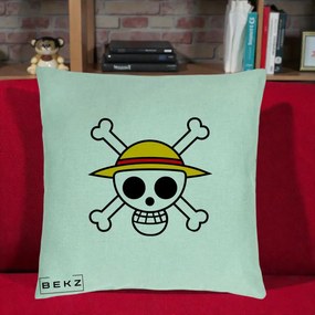 Perna Personalizata One Piece Jolly Roger Straw Hat Pirates, 40x40 cm, Verde Menta, Husa Detasabila, Perna Inclusa, BEKZ®