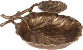 Platou decorativ din aluminiu, auriu, formă de frunză, finisaj antichizat, 11 x 44 x 38 cm, „Feuillage”
