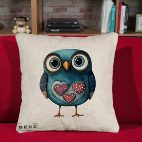 Perna Decorativa Bufnita Teal cu Doua Inimi, 40x40 cm, Bej Canapea, Husa Detasabila, Perna Inclusa, BEKZ®