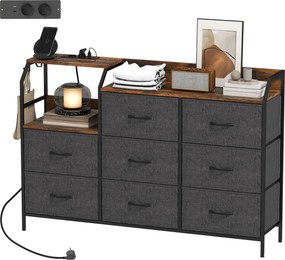 HOMCOM Comodă cu 8 sertare din material textil, cadru din oțel, stație de încărcare, Rustic-Maro+Negru | Aosom Romania