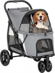PawHut Cărucior pliabil pentru câini cu pernă lavabilă, ferestre din plasă, 3 roți, pentru câini de talie medie până la 20 kg, Gri | Aosom Romania