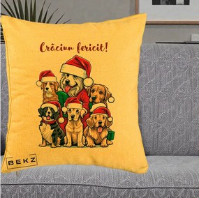 Perna Decorativa Caini cu Bonete Craciun Fericit, 40x40 cm, Galben, Husa Detasabila, Perna Inclusa, BEKZ®
