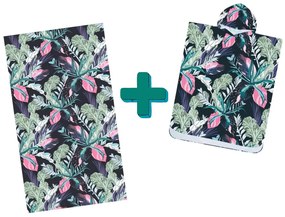 Set de plaja NIGHT BLOSSOM – prosop 100×180 cm si poncho 80×145 cm, negru