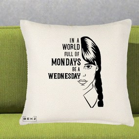 Perna Personalizata Wednesday Be a Wednesday, 40x40 cm, Crem Reliefat, Husa Detasabila, Perna Inclusa, BEKZ®