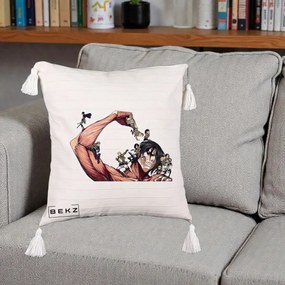 Perna Personalizata Attack on Titan Eren Titan Grup, 40x40 cm, Bej cu Franjuri, Husa Detasabila, Perna Inclusa, BEKZ®