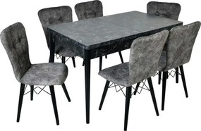 Set masa extensibila cu 6 scaune tapitate Homs cristal negru-bej 170 x 80 cm