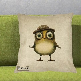 Perna Decorativa Pui Intelectual cu Palarie Tweed, 40x40 cm, Crem, Husa Detasabila, Perna Inclusa, BEKZ®