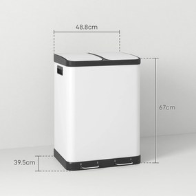 HOMCOM Coș de gunoi de bucătărie 2 x 30L cu pedala din oțel inoxidabil, 2 compartimente, capac cu închidere moale, 60L, alb | Aosom Romania
