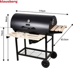 Gratar pe carbuni Klausberg KB 9033, Capac cu inchidere, Termometru, Suporturi laterale, Sertar pentru cenusa, Roti, Otel, Negru