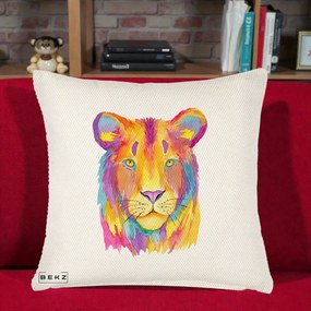 Perna Decorativa Leu Acuarela Curcubeu, 40x40 cm, Crem Reliefat, Husa Detasabila, Perna Inclusa, BEKZ®