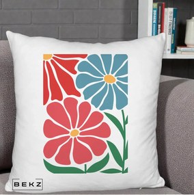 Perna Decorativa Flori Grafice Rosu-Albastru, 40x40 cm, Alb Pufos, Husa Detasabila, Perna Inclusa, BEKZ®