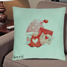 Cadou Romantic - Perna Personalizata I Love You Gnome Valentine cu Scrisoare, 40x40 cm, Verde Menta, Husa Detasabila, Perna Inclusa, BEKZ®