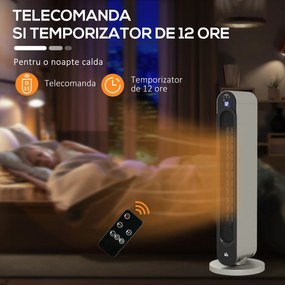 HOMCOM Incalzitor Electric Oscilant cu 3 Moduri de Incalzire, cu ventilator, Temperatura Reglabila, Telecomanda Ø25x73.5 cm, Argintiu | Aosom Romania