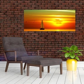 Tablou cu apus de soare și iaht (120x50 cm)