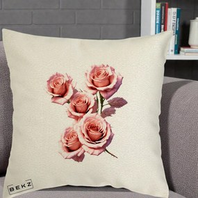 Perna Decorativa Trandafiri Roz Pastel Acuarela, 40x40 cm, Ecru, Husa Detasabila, Perna Inclusa, BEKZ®