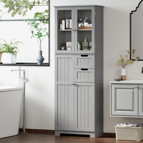 HOMCOM Dulap înalt pentru baie, mobilier de depozitare cu 4 uși dintre care 2 vitrate, 2 sertare și polițe reglabile, alb | Aosom Romania